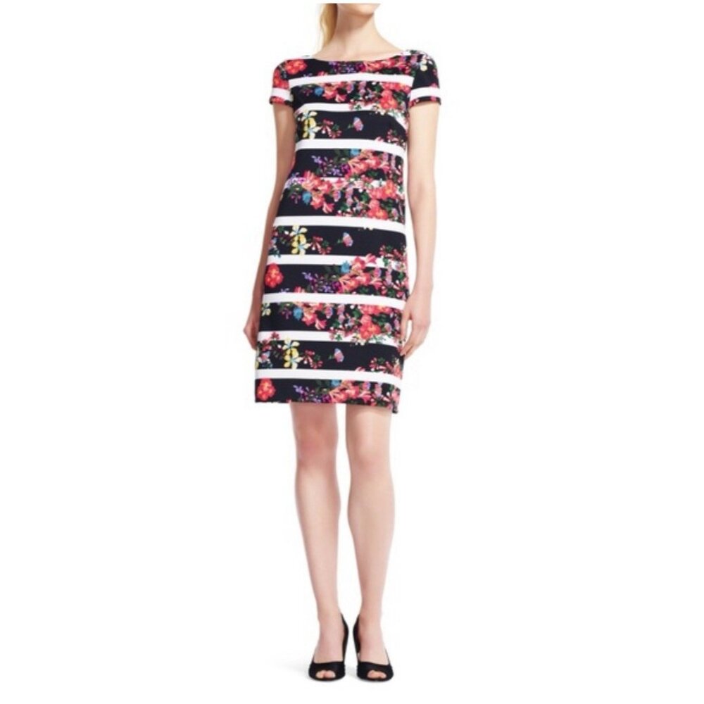 Adrianna Papell Dress 6 Short Sleeve Floral Stripe Stretch Career Church